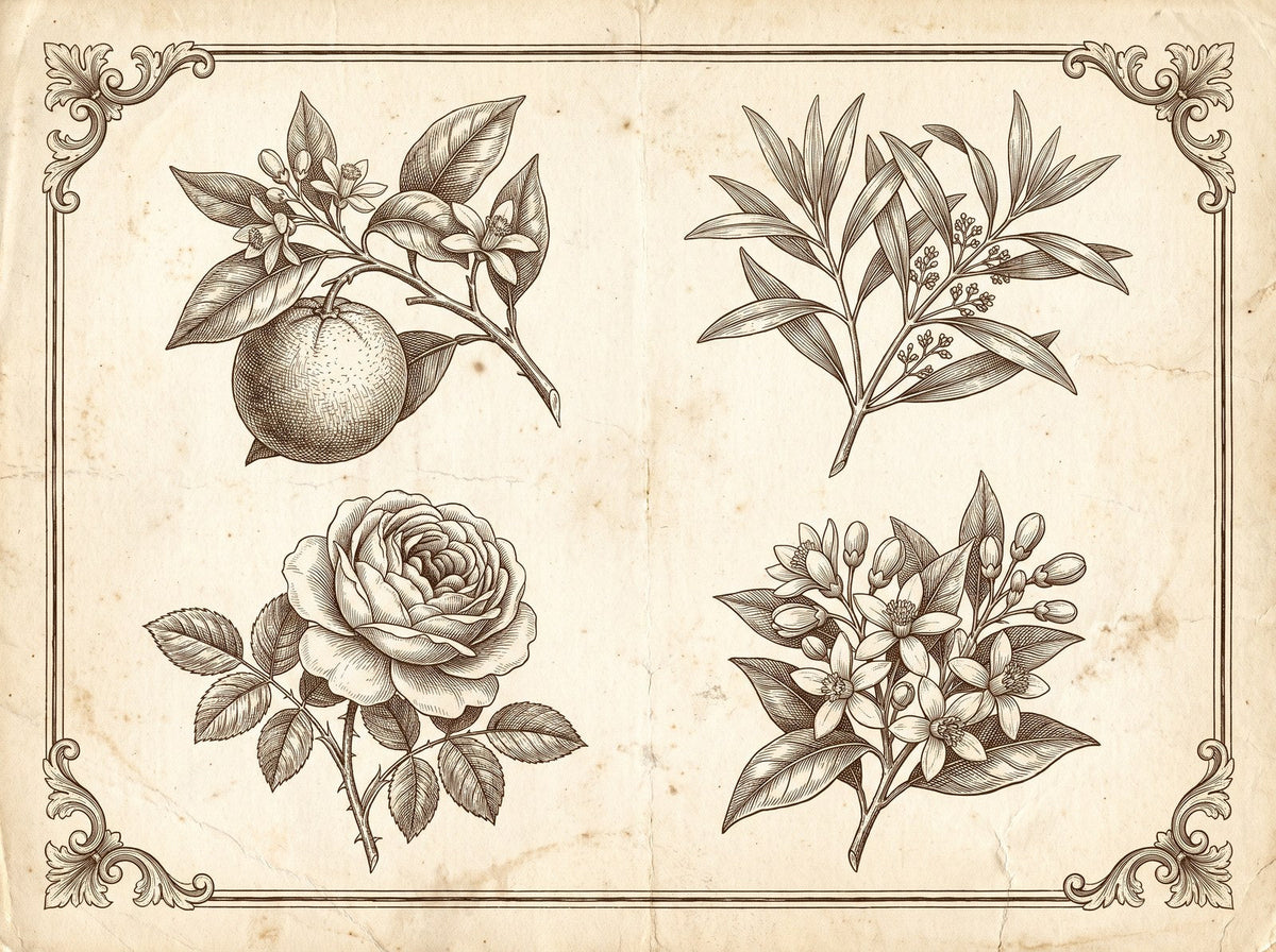 Planche botanique : orange, santal, rose, fleur d’oranger