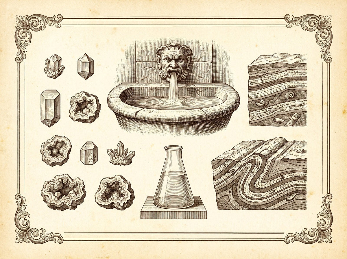 Planche d’eau, de fontaine et de spécimens minéraux