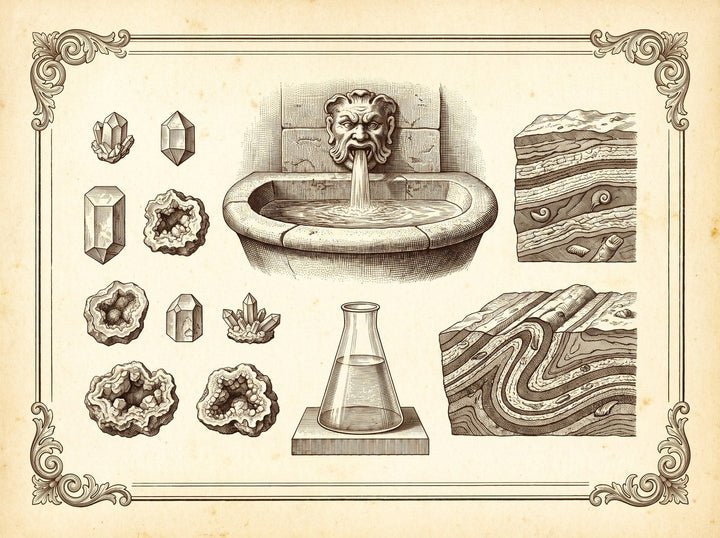 Planche d’eau, de fontaine et de spécimens minéraux