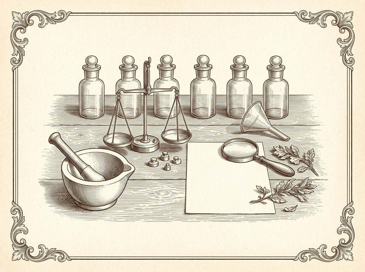 Table d’apothicaire : fioles, balance et mortier