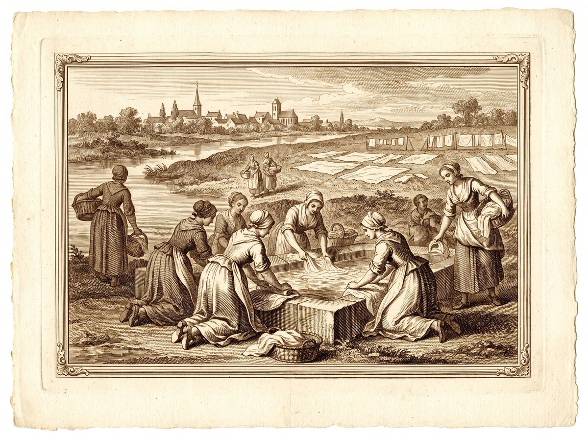 Lavandières à un lavoir de rivière, le linge blanchissant sur le pré