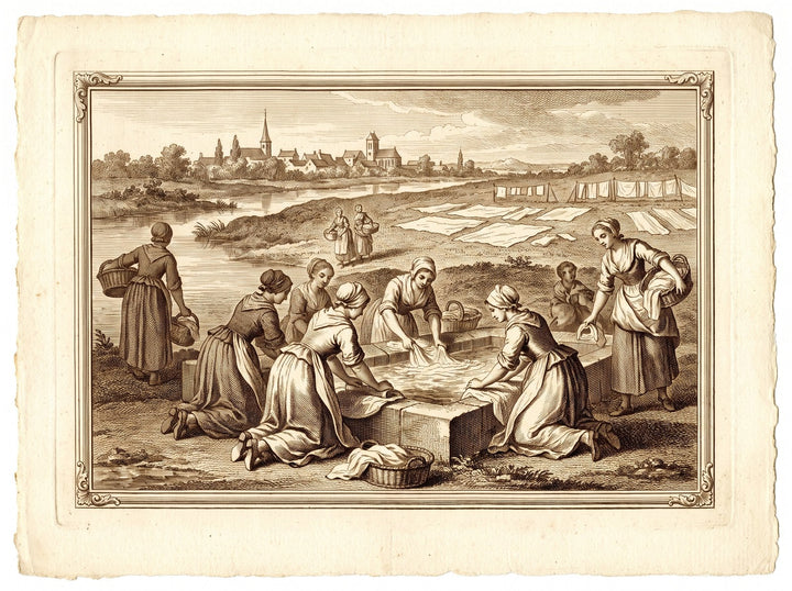 Lavandières à un lavoir de rivière, le linge blanchissant sur le pré
