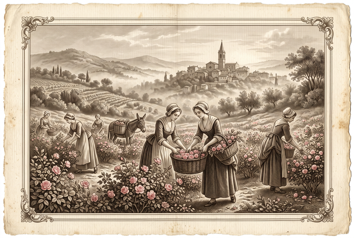 Récolte des roses à l’aube près de Grasse — gravure