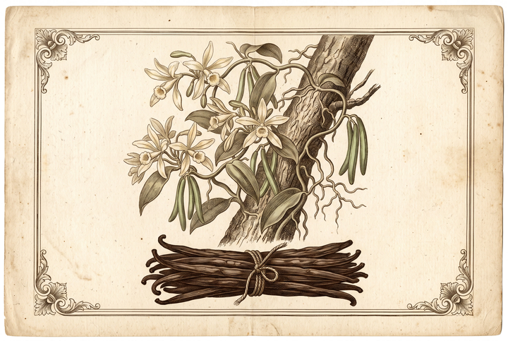 Orchidée à vanille et gousses affinées — gravure