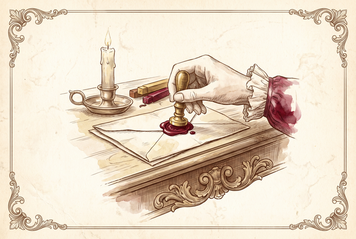 Une main pressant un sceau dans la cire rouge — gravure