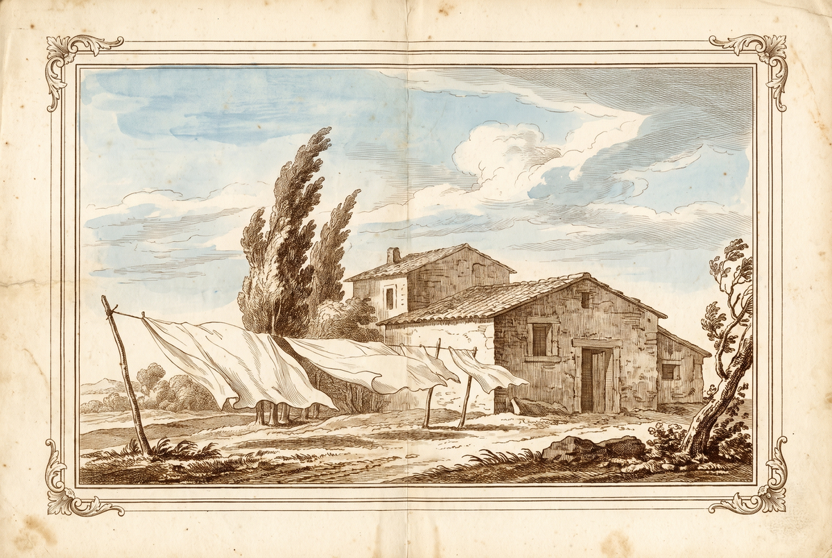 Linge séchant au mistral devant un mas provençal — gravure