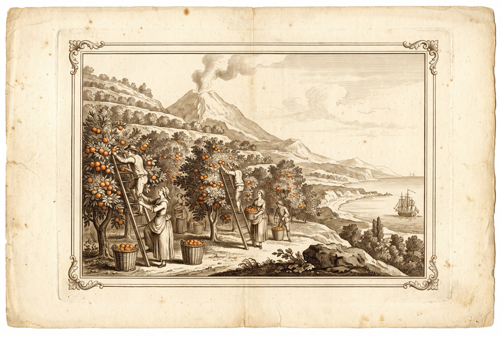 Récolte des oranges sur des terrasses volcaniques sous l’Etna — gravure
