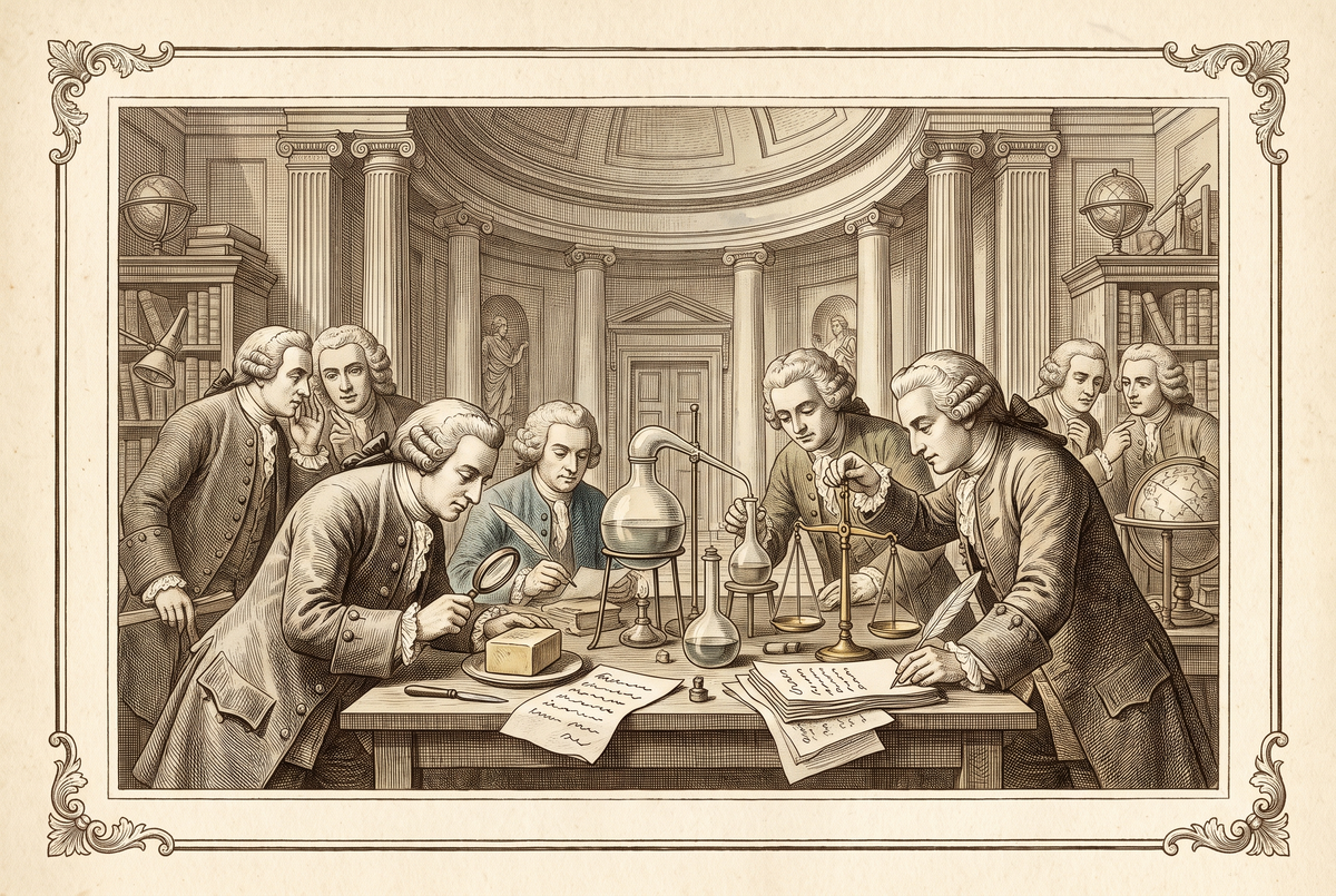 Savants examinant du savon, alambics et balance — gravure
