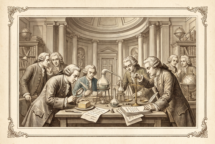 Savants examinant du savon, alambics et balance — gravure