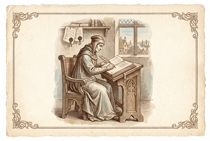 Un notaire écrivant dans un grand registre — gravure