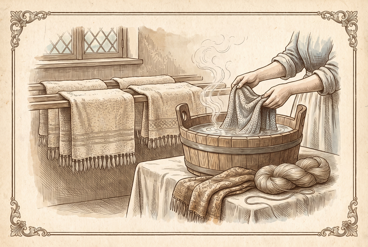 Une maille fine lavée à plat dans une bassine — gravure