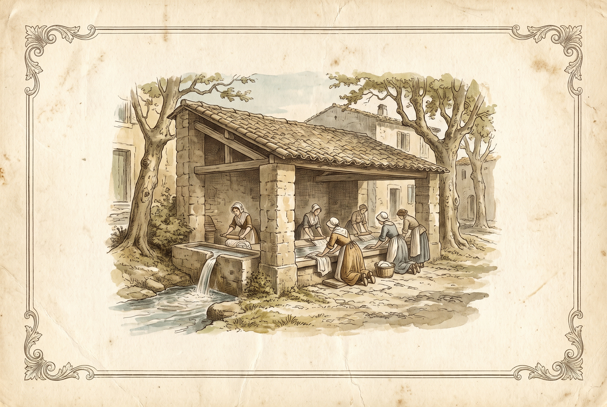 Le lavoir d’un village provençal et ses lavandières — gravure