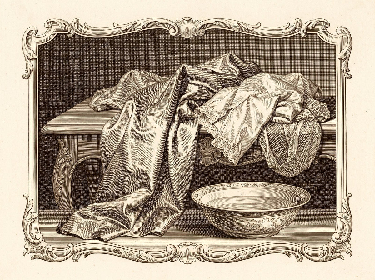 Nature morte gravée : soie drapée près d’une bassine de lavage