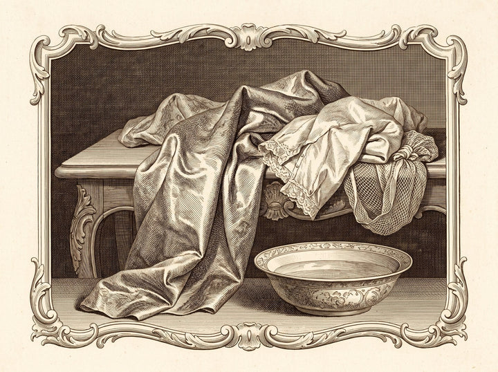Nature morte gravée : soie drapée près d’une bassine de lavage