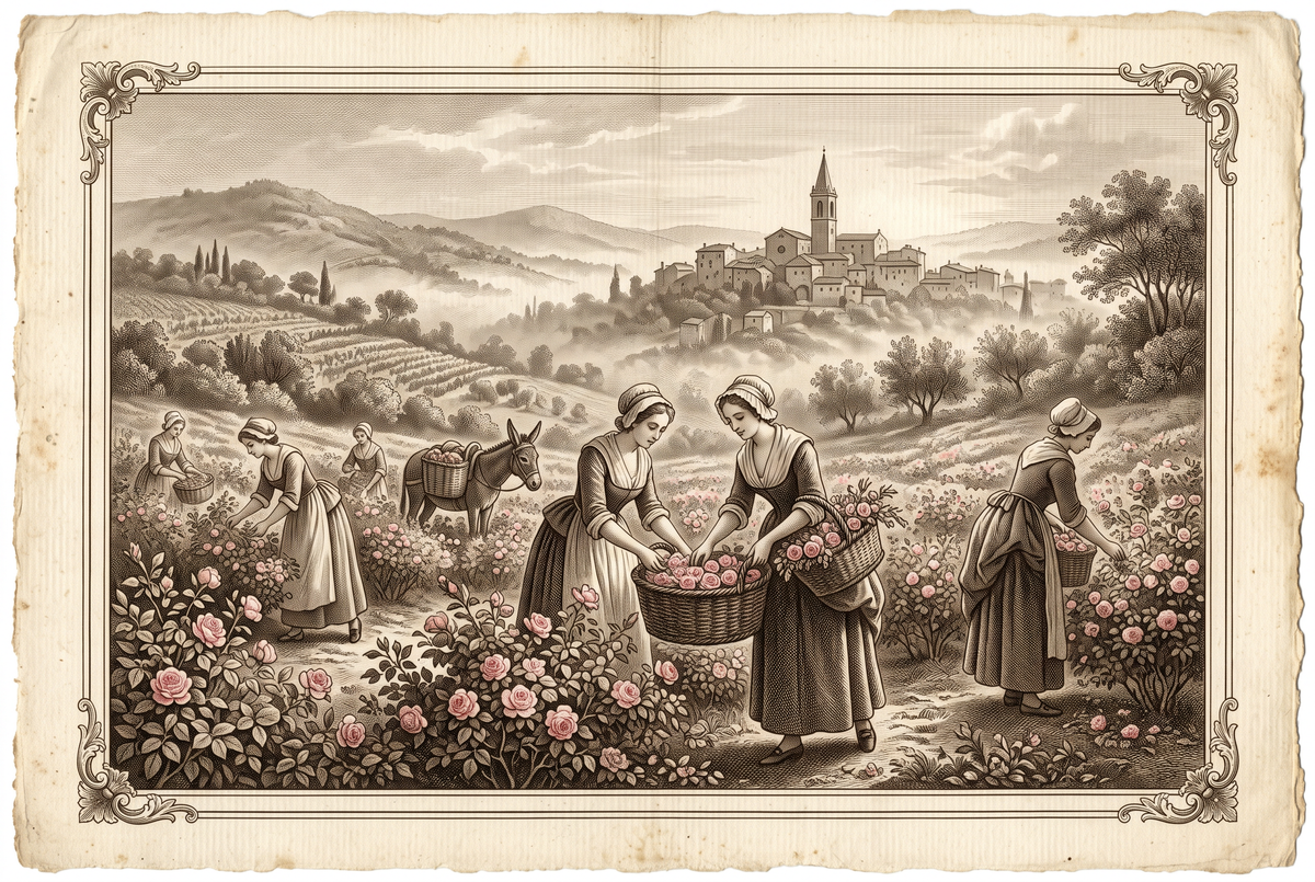 Récolte des roses à l’aube près de Grasse — gravure