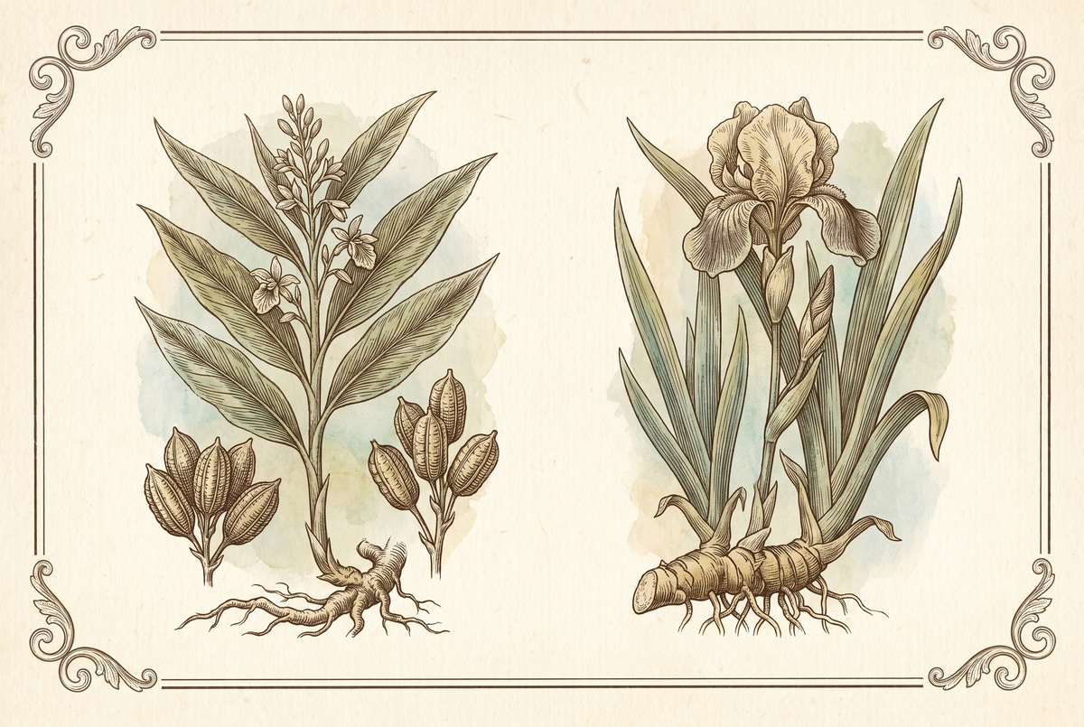 Gousses de cardamome et rhizome d’iris — planche botanique
