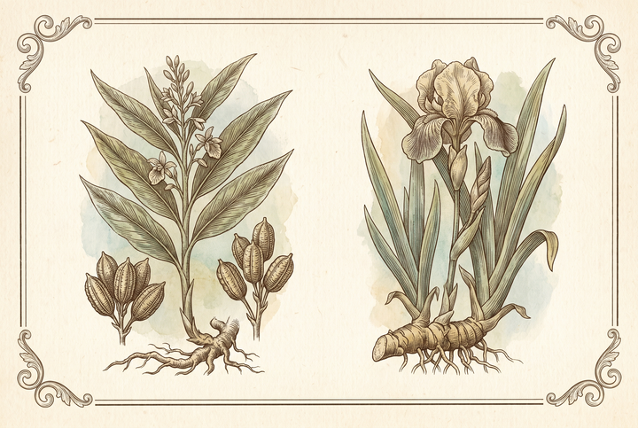Gousses de cardamome et rhizome d’iris — planche botanique