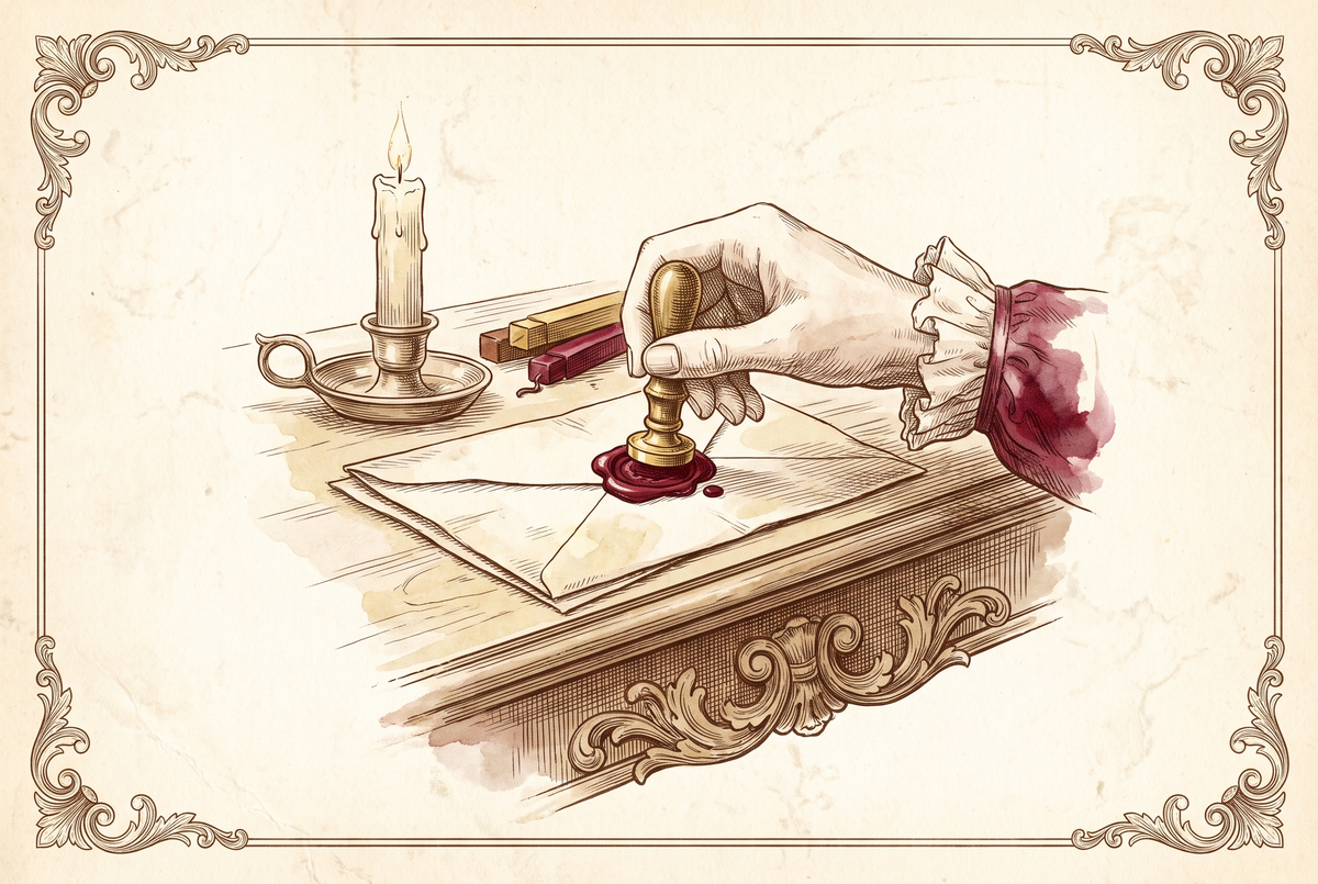 Une main pressant un sceau dans la cire rouge — gravure