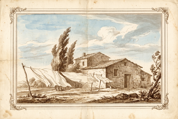 Linge séchant au mistral devant un mas provençal — gravure