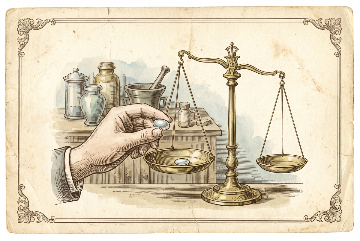 Une main d’apothicaire pesant une seule perle — gravure