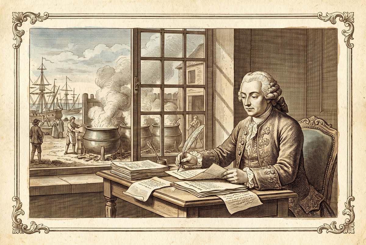 Un ministre du roi à sa table, une savonnerie par la fenêtre — gravure