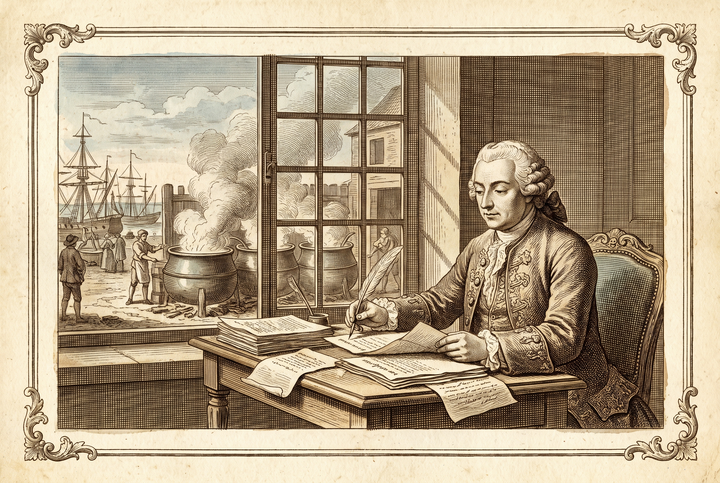 Un ministre du roi à sa table, une savonnerie par la fenêtre — gravure