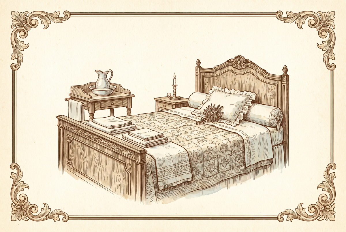 Une chambre d’amis préparée — table de toilette, serviettes, bouquet — gravure