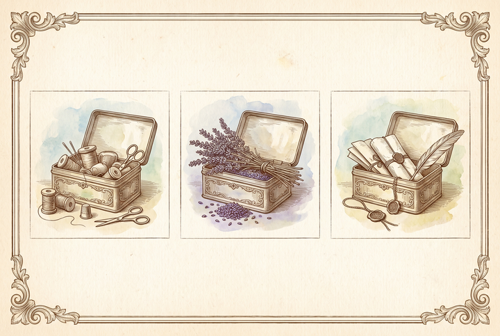 Une boîte, trois vies — couture, lavande, lettres — gravure