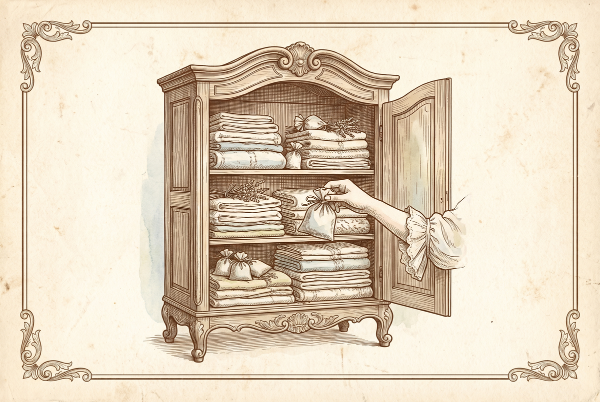 Sachets de lin glissés entre des linges pliés dans une armoire — gravure