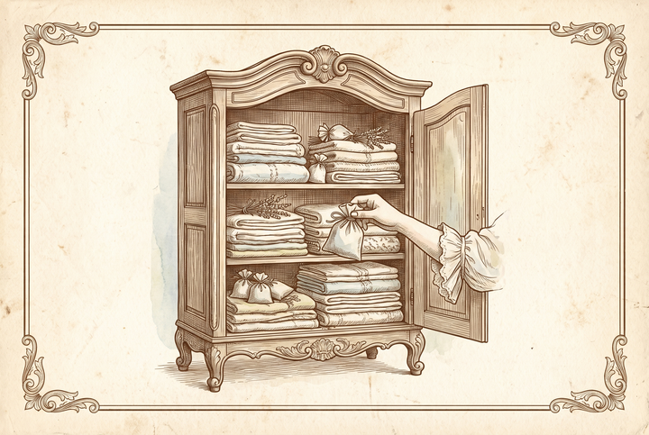 Sachets de lin glissés entre des linges pliés dans une armoire — gravure