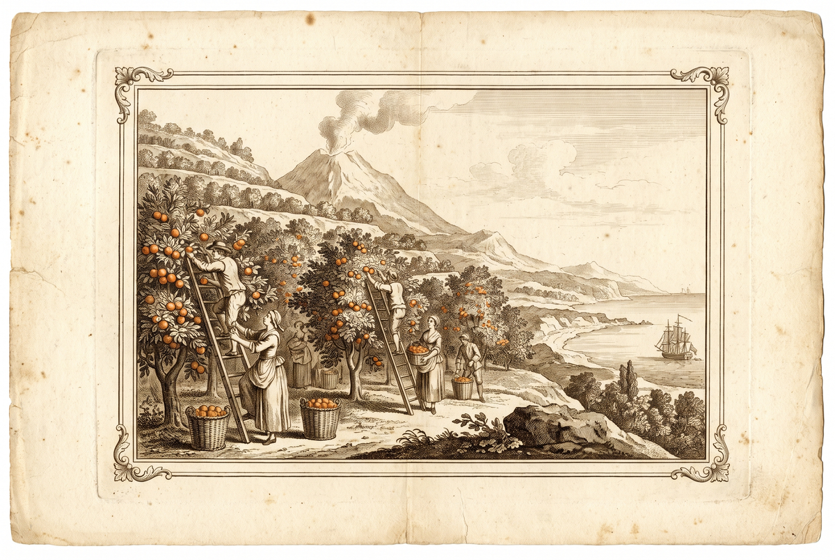 Récolte des oranges sur des terrasses volcaniques sous l’Etna — gravure